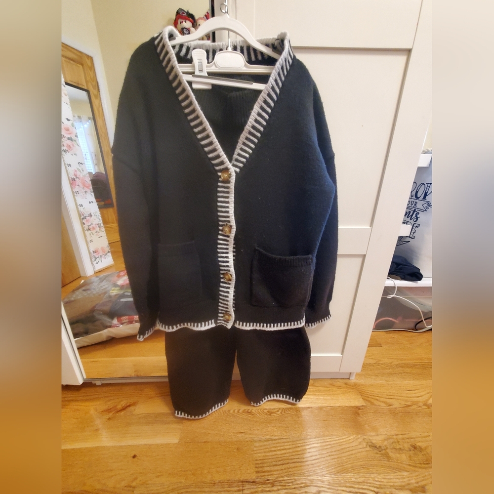 Black Cardigan with White Trim